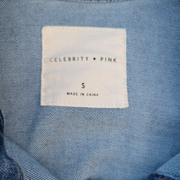 Celebrity Pink Distressed Denim Jacket Button Up Rollable Sleeve Womans Small - Picture 9 of 13